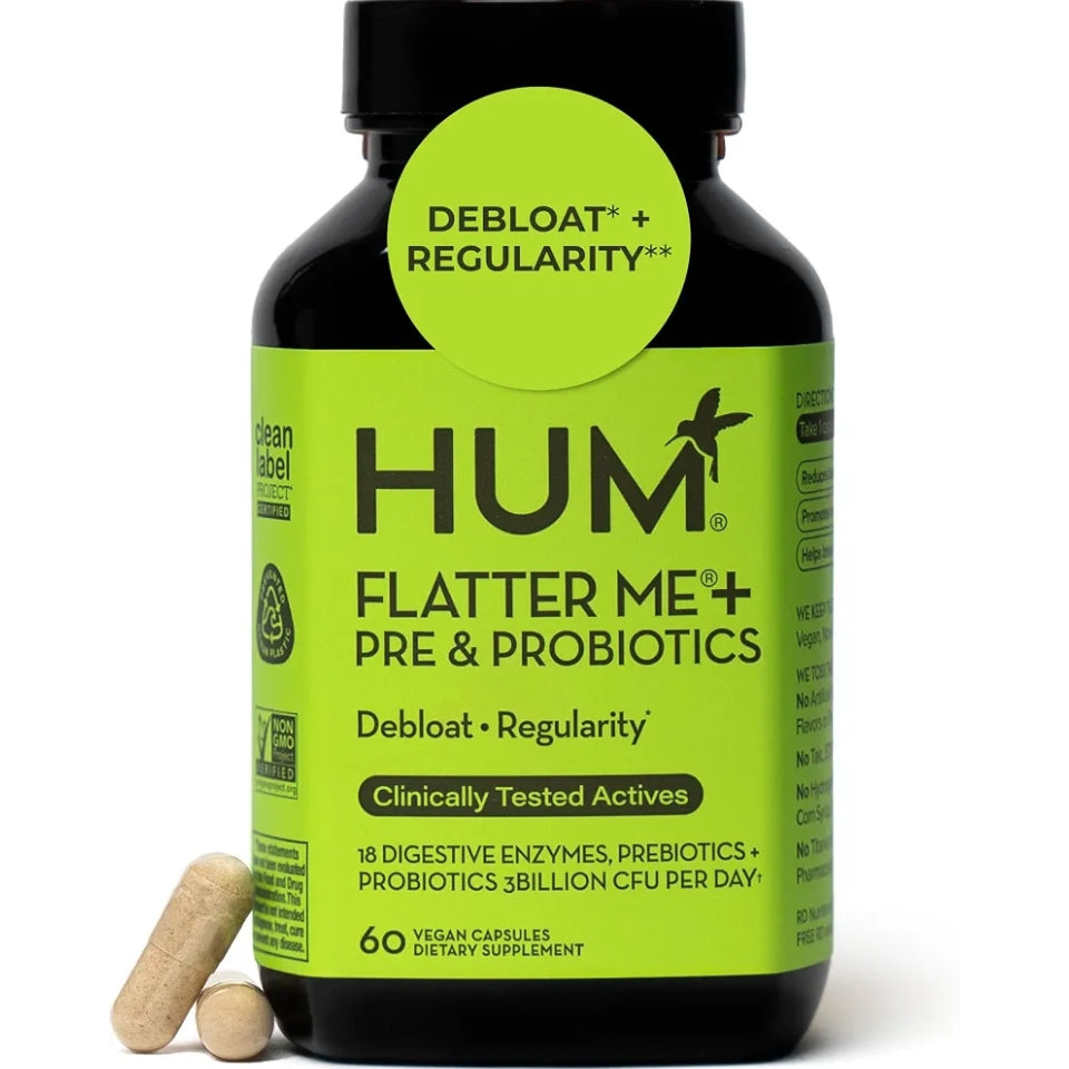 HUM Flatter Me Plus Digestive Enzymes, Prebiotics & Gut Health, 60 Count