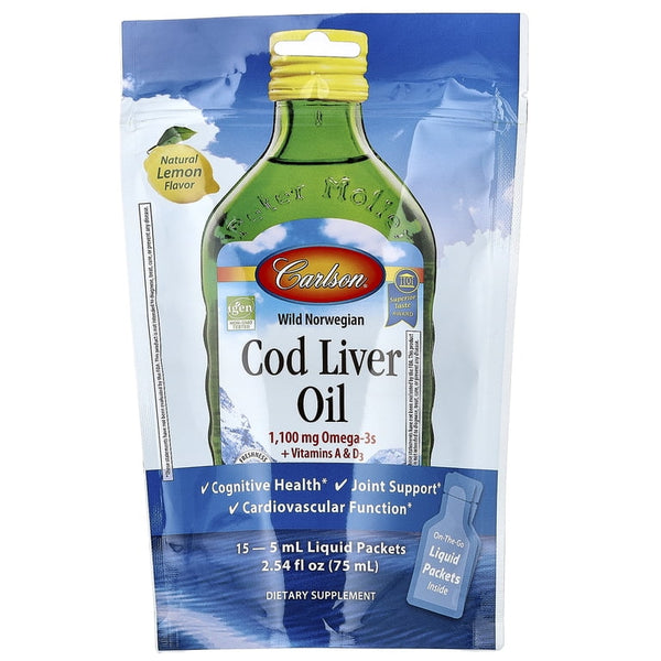 Carlson Wild Norwegian Cod Liver Oil, Natural Lemon, 15 Liquid Packets,