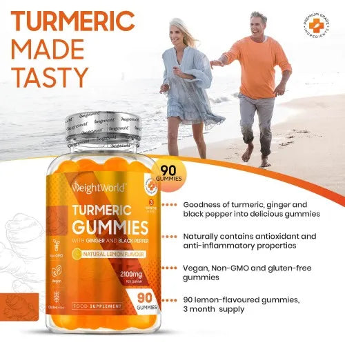Weightworld Turmeric Gummies with Black Pepper & Ginger - 90 Natural Lemon Flavour Vegan Turmeric Gummies (3 Months Supply)