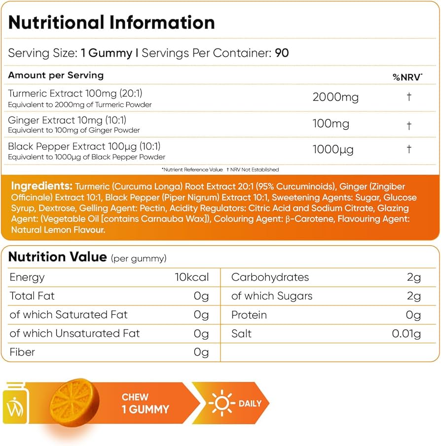 Weightworld Turmeric Gummies with Black Pepper & Ginger - 90 Natural Lemon Flavour Vegan Turmeric Gummies (3 Months Supply)