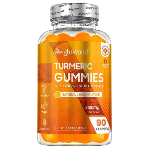 Weightworld Turmeric Gummies with Black Pepper & Ginger - 90 Natural Lemon Flavour Vegan Turmeric Gummies (3 Months Supply)