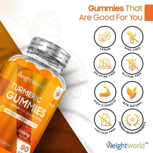 Weightworld Turmeric Gummies with Black Pepper & Ginger - 90 Natural Lemon Flavour Vegan Turmeric Gummies (3 Months Supply)
