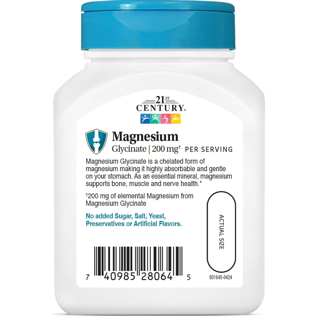 21st Century Magnesium Glycinate 200 mg Capsules per Serving, 90 Count