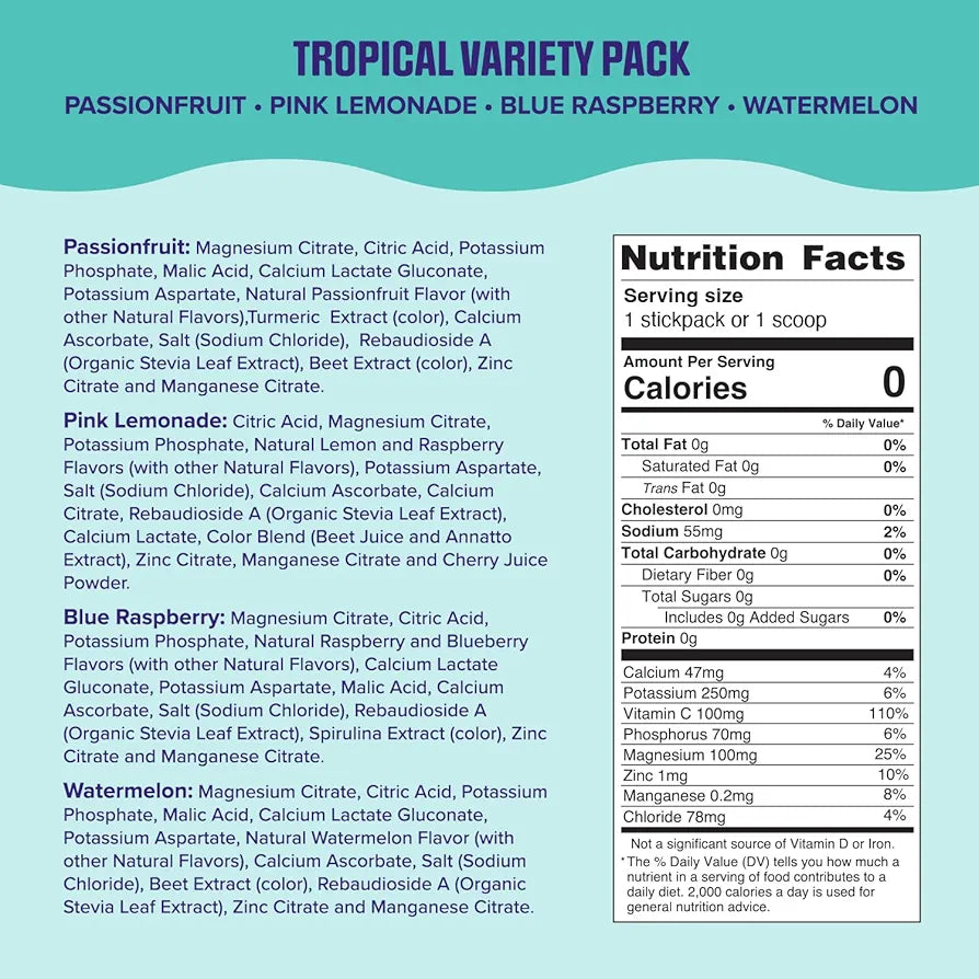Ultima Replenisher Daily Electrolyte Powder – Tropical Variety Pack, 20 Stickpacks