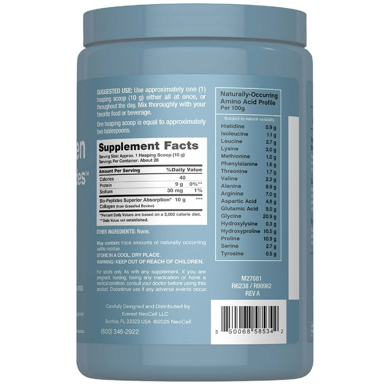Neocell Collagen Bio-Peptides Powder | 283 g | Super Hair, Skin, Nails | Grassfed Protein Supplement