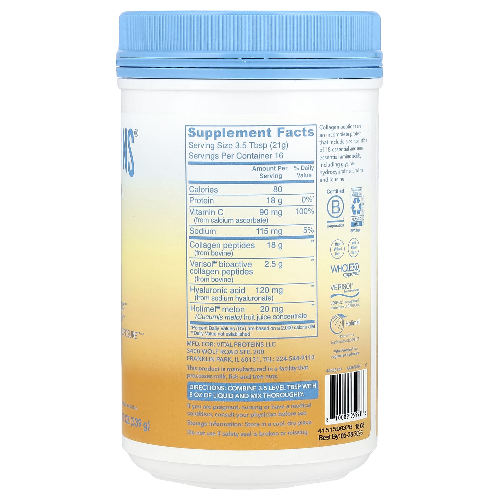 Vital Proteins Collagen Peptides - 20g Hydrolyzed Collagen, Vitamin C, Hyaluronic Acid,- Skin Complex Supplement, Unflavored 11.9oz Powder