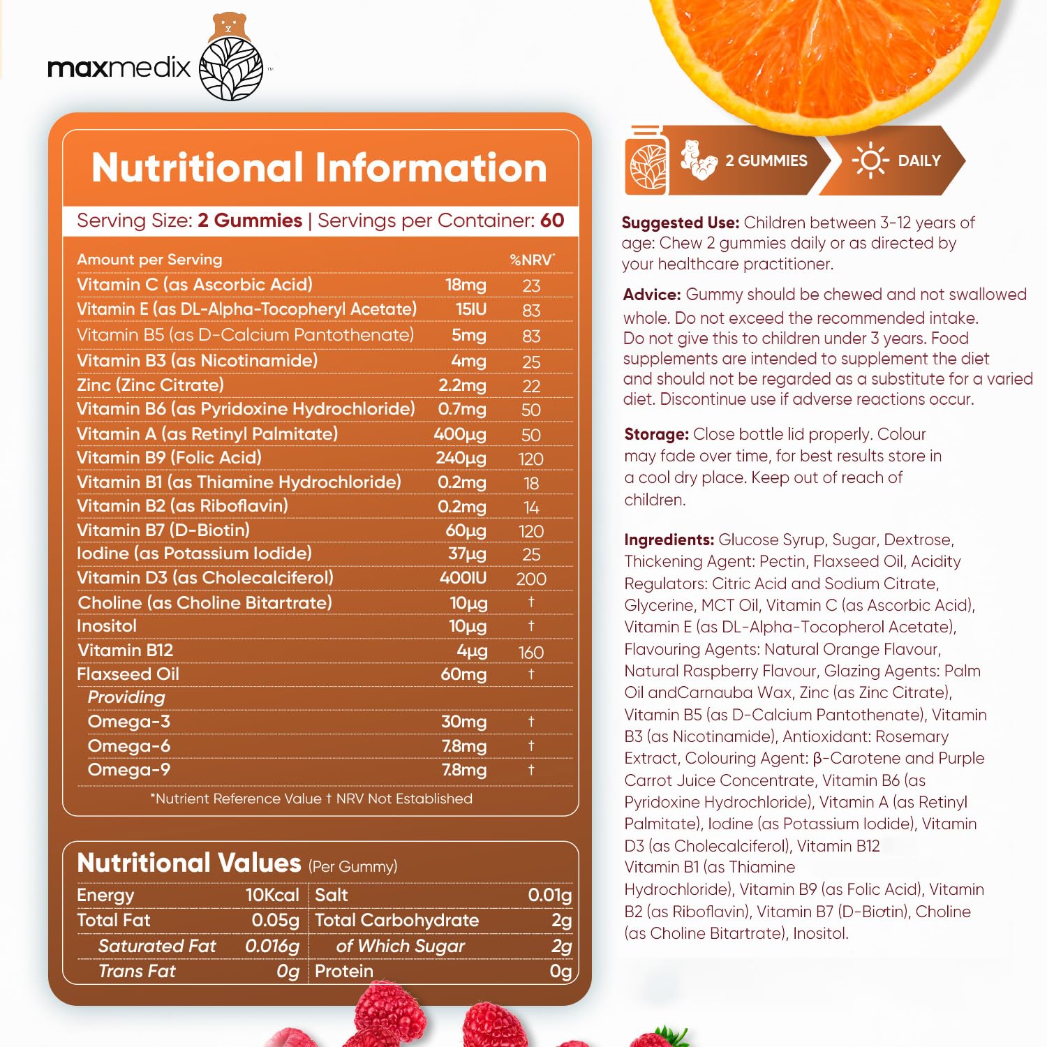 Maxmedix Multivitamin for Kids - 120 Natural Raspberry & Orange Flavour Chewable Gummies (2 Months Supply)