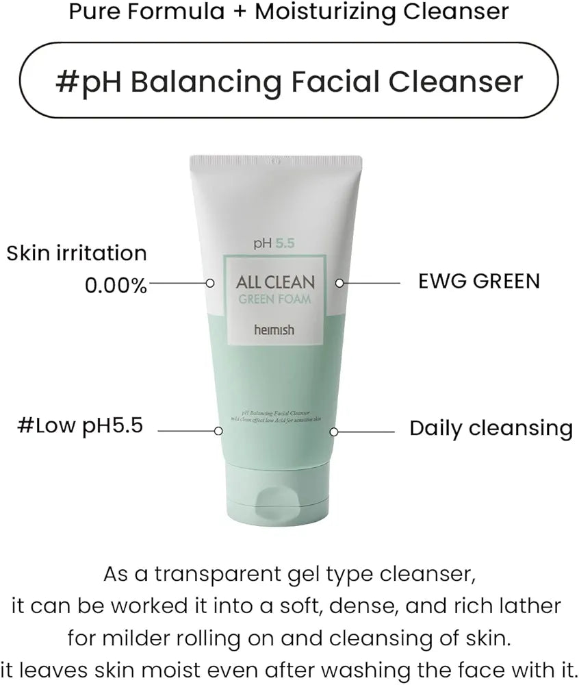 HEIMISH pH 5.5 All Clean Green Foam Moisturizing Facial Cleanser with Amino Acids, Gentle Foam