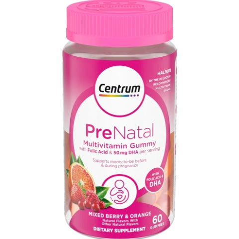 Centrum Prenatal Multivitamin Gummies with DHA and Folic Acid, Mixed Berry and Orange Flavors