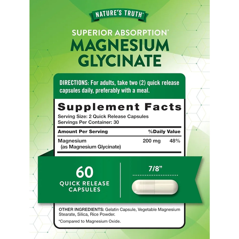 Nature's Truth Chelated Superior Absorption Magnesium Glycinate 60 Quick Release Capsules
