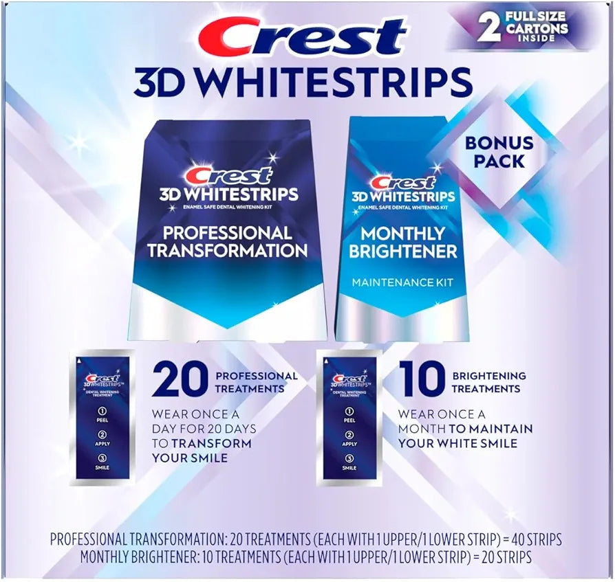 Crest 3D White 40 Professional Teeth Whitening Strips & 20 Monthly Brightener