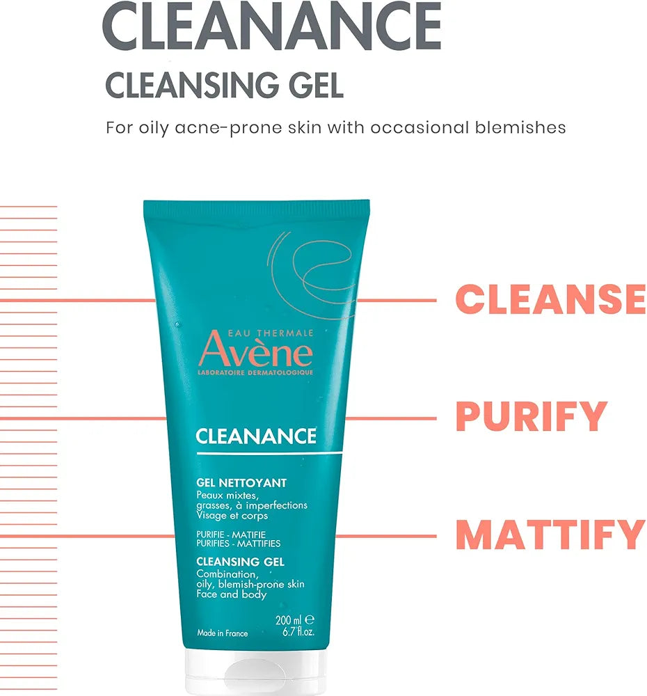 Avène Cleanance Cleansing Gel Soap Free Cleanser for Acne Prone, Oily, Face & Body