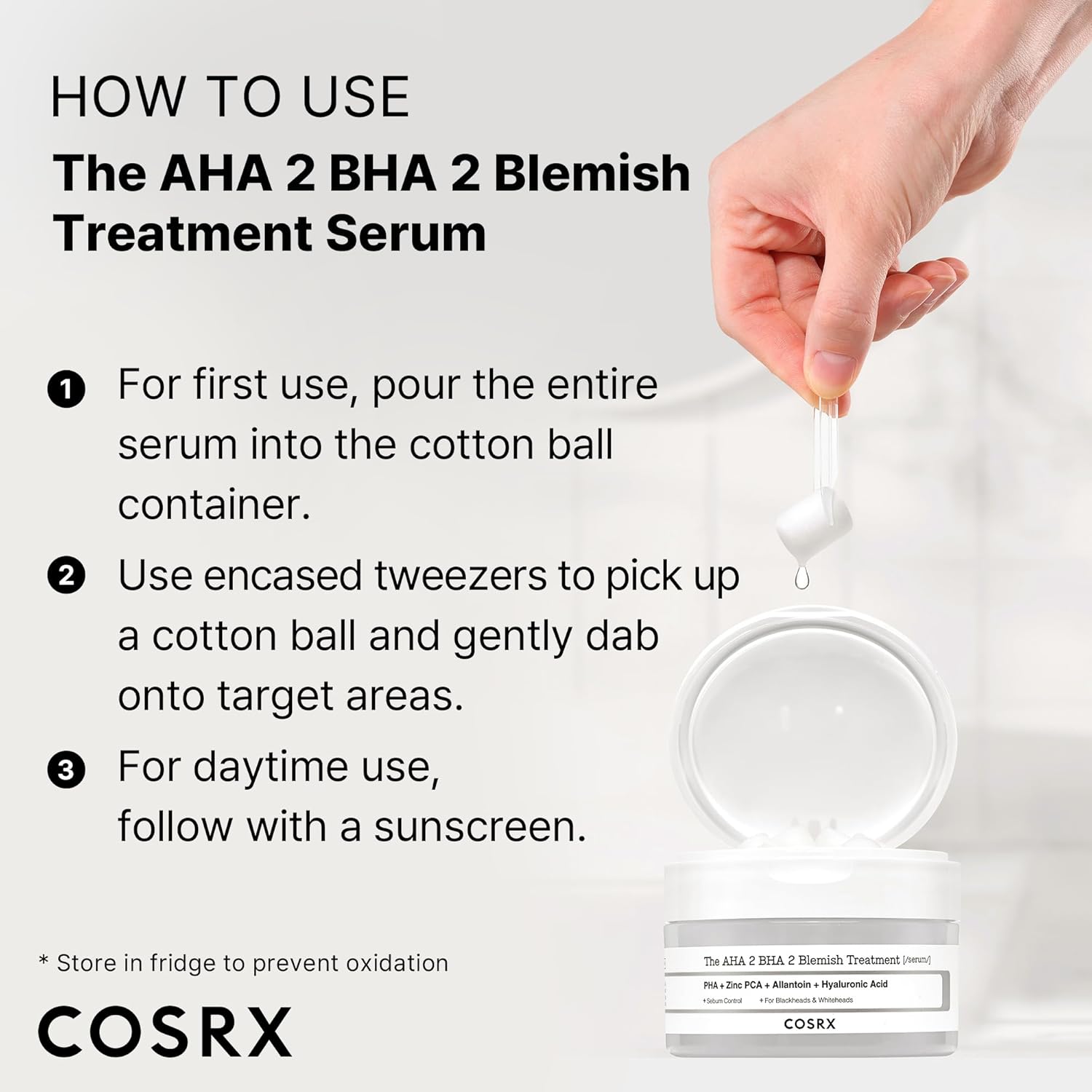 COSRX AHA 2% BHA 2% Blemish Treatment Serum, 60+ Pure Cotton Balls