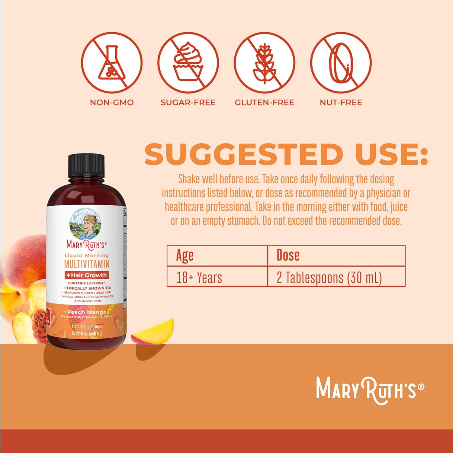 MaryRuth Organics Liquid Multivitamin +Hair Growth for Women (Peach Mango)