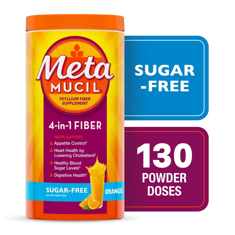 Metamucil 4-in-1 Psyllium Husk GLP-1 Friendly Fiber Supplement, Sugar-Free, 130 teaspoons, Orange Flavored