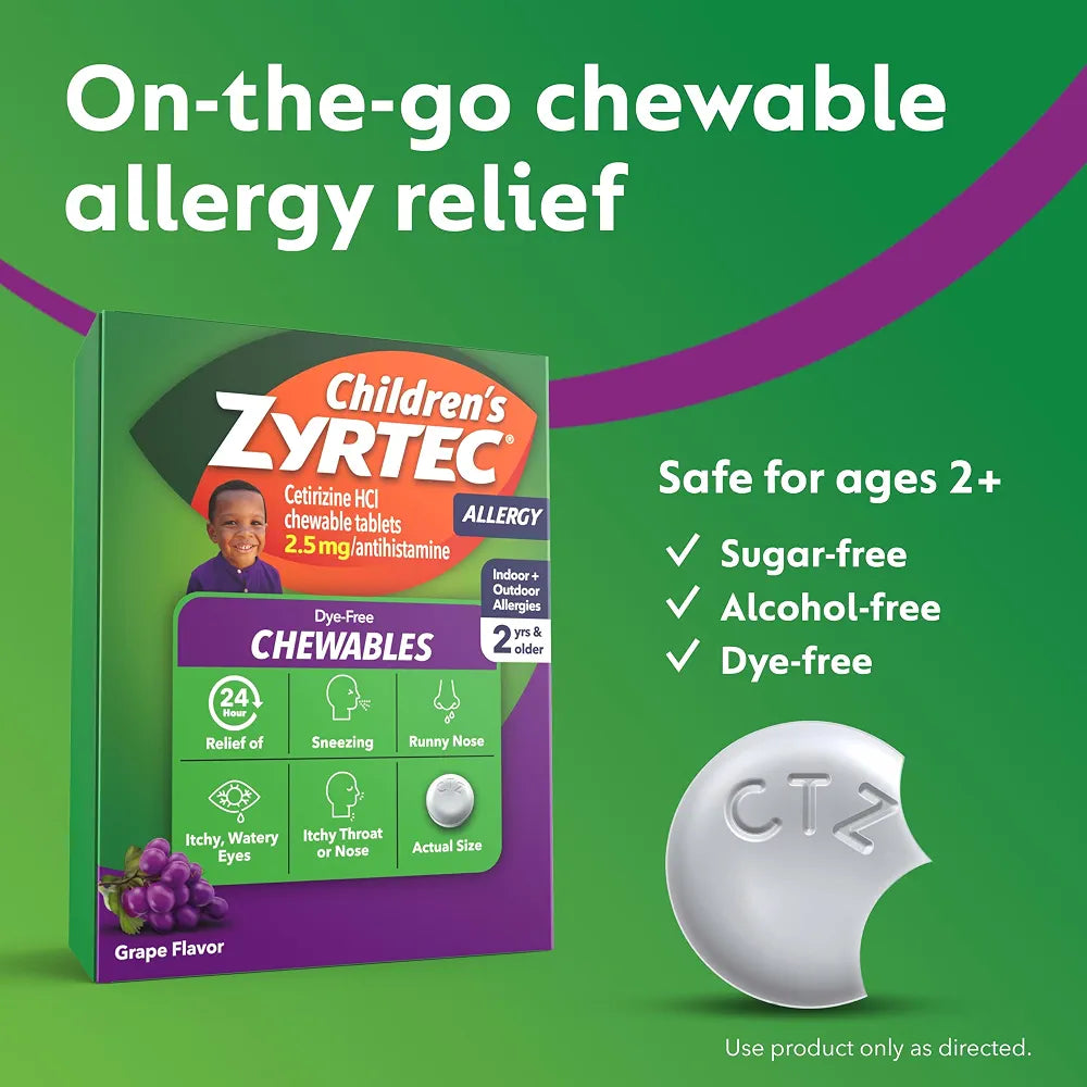 Children's Zyrtec Dye-Free Chewables, Cetirizine HCl, Grape