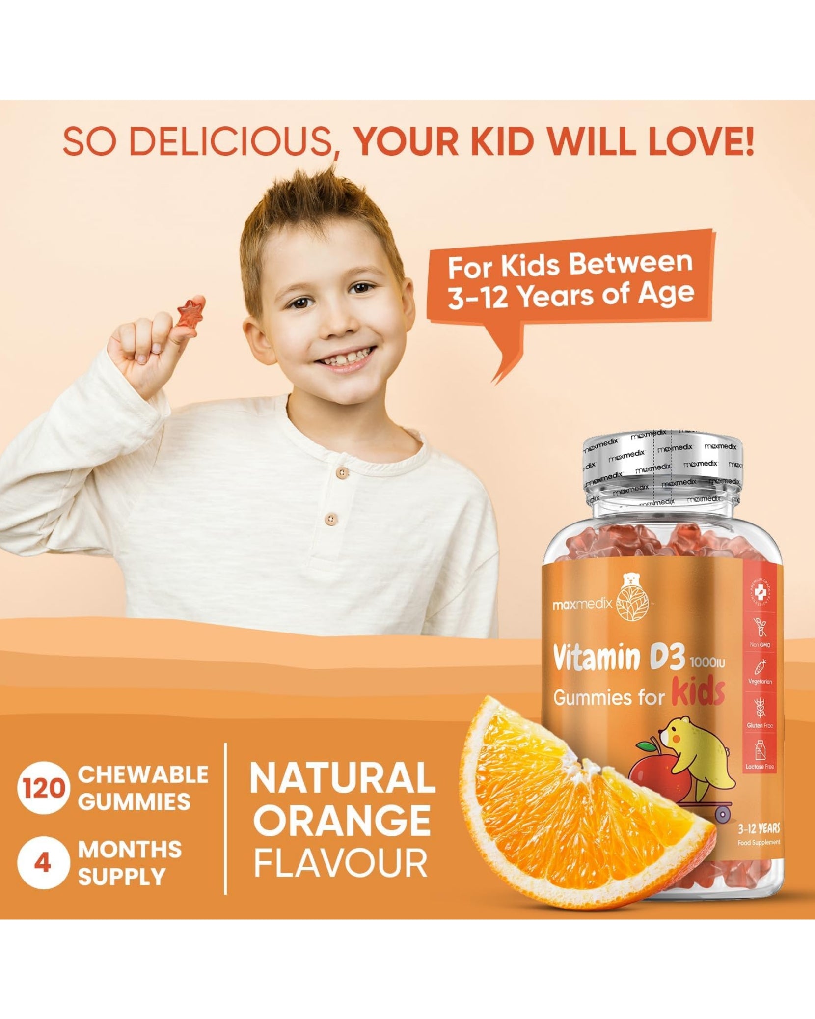 Maxmedix Vitamin D Gummies Kids 1000IU - Natural Orange Flavour Gummies