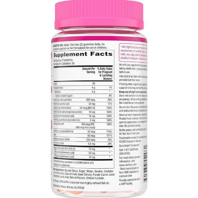 Centrum Prenatal Multivitamin Gummies with DHA and Folic Acid, Mixed Berry and Orange Flavors
