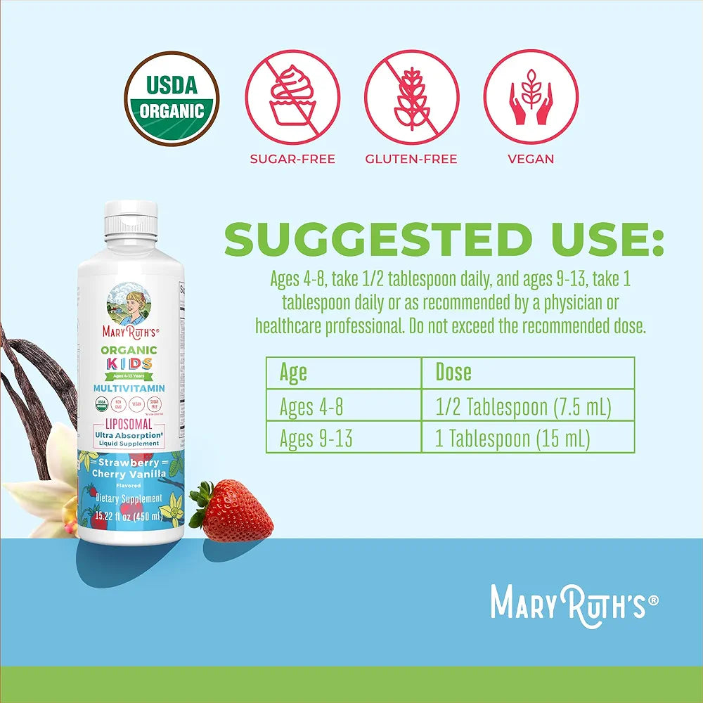 MaryRuth Organics Kids Multivitamin Liposomal | Vegan, Sugar-Free Vitamins for Kids | Ages 4+ | 2 Month Supply