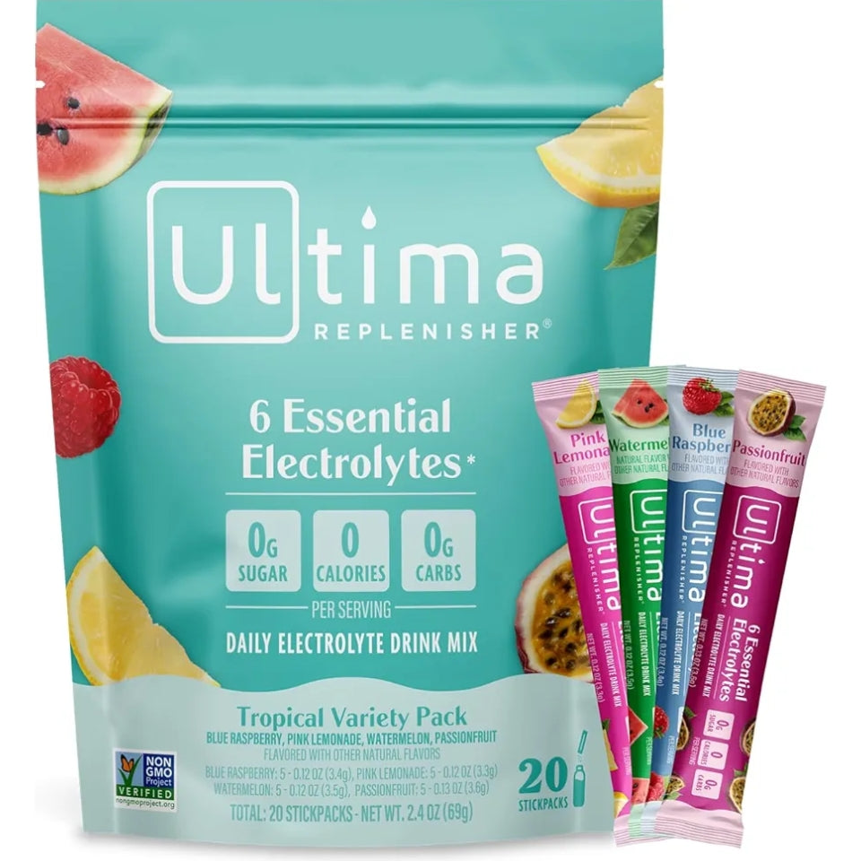 Ultima Replenisher Daily Electrolyte Powder – Tropical Variety Pack, 20 Stickpacks