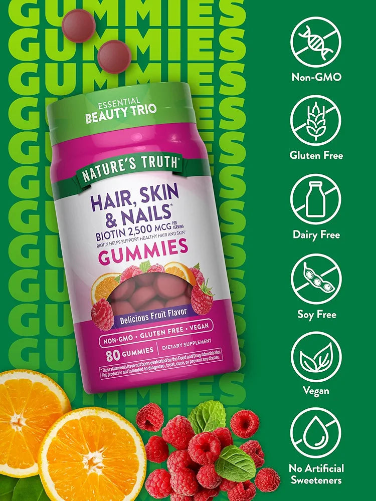 Nature's Truth Hair, Skin, and Nails Gummies | with Biotin | Fruit Flavor