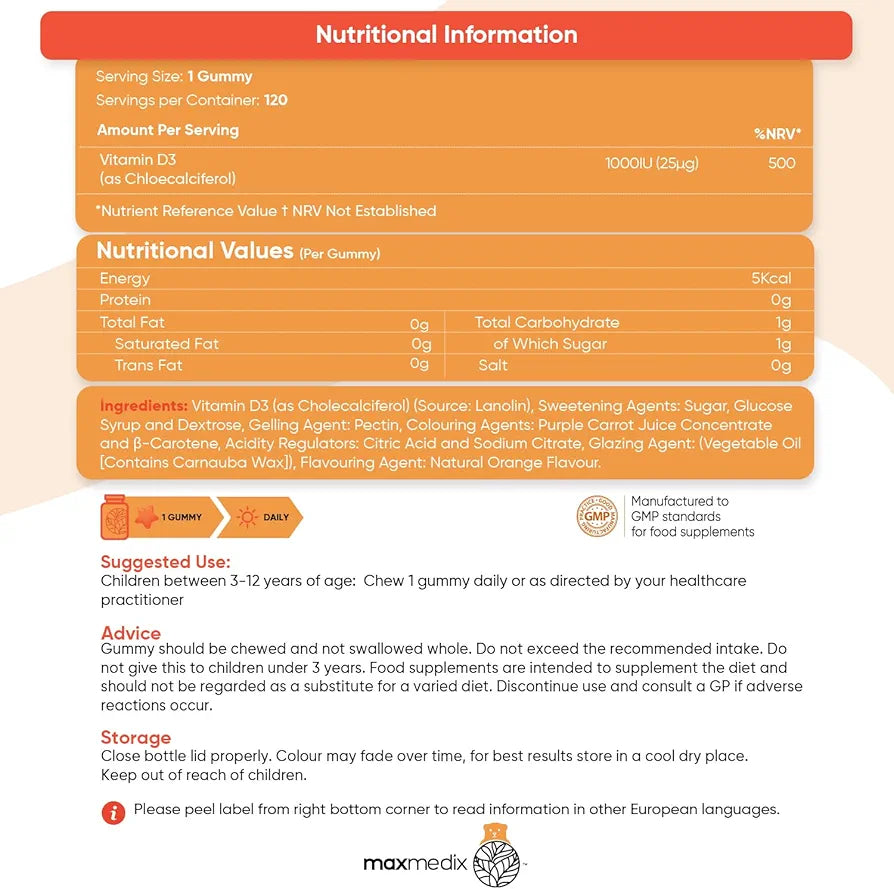 Maxmedix Vitamin D Gummies Kids 1000IU - Natural Orange Flavour Gummies
