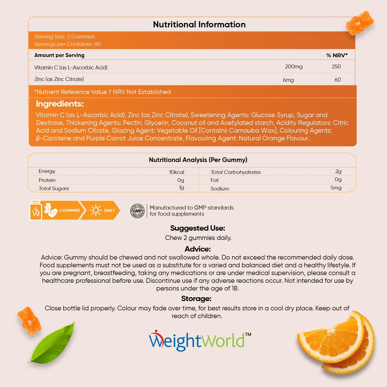 Weightworld Vitamin C and Zinc Gummies for Adults & Kids - 120 Gummies