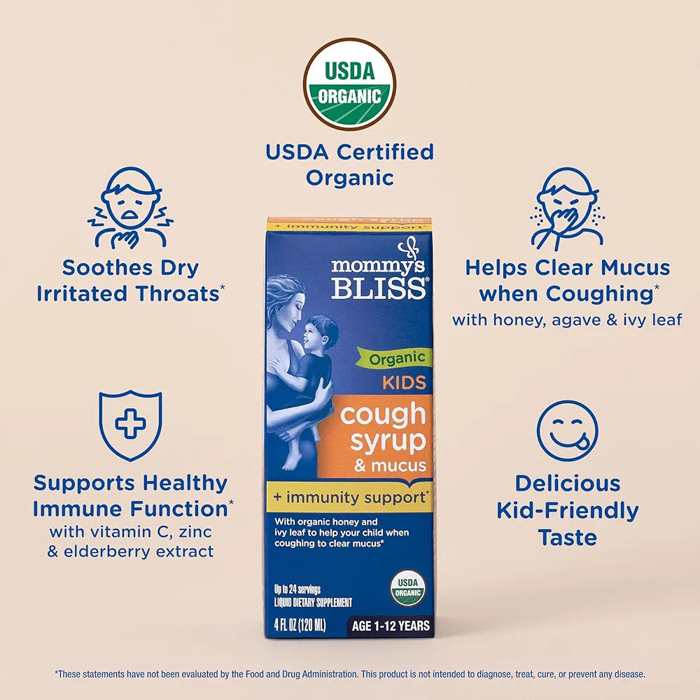Mommy's Bliss Kids Organic Cough Syrup and Mucus Relief + Immunity Support