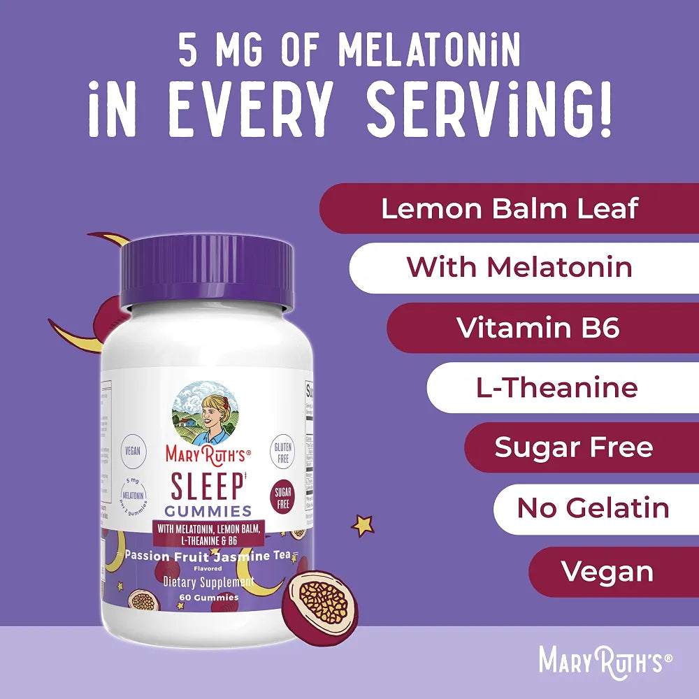 MaryRuth Melatonin 5mg Sleep Gummy with L-Theanine, Lemon Balm, 60 Count