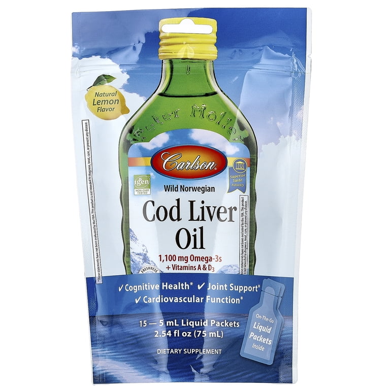 Carlson Wild Norwegian Cod Liver Oil, Natural Lemon, 15 Liquid Packets,