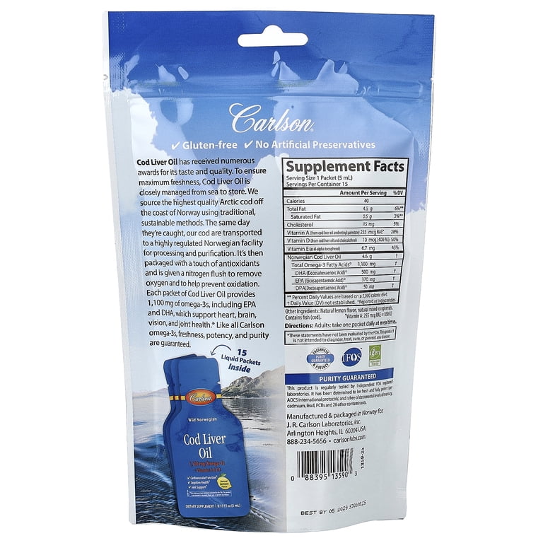 Carlson Wild Norwegian Cod Liver Oil, Natural Lemon, 15 Liquid Packets,