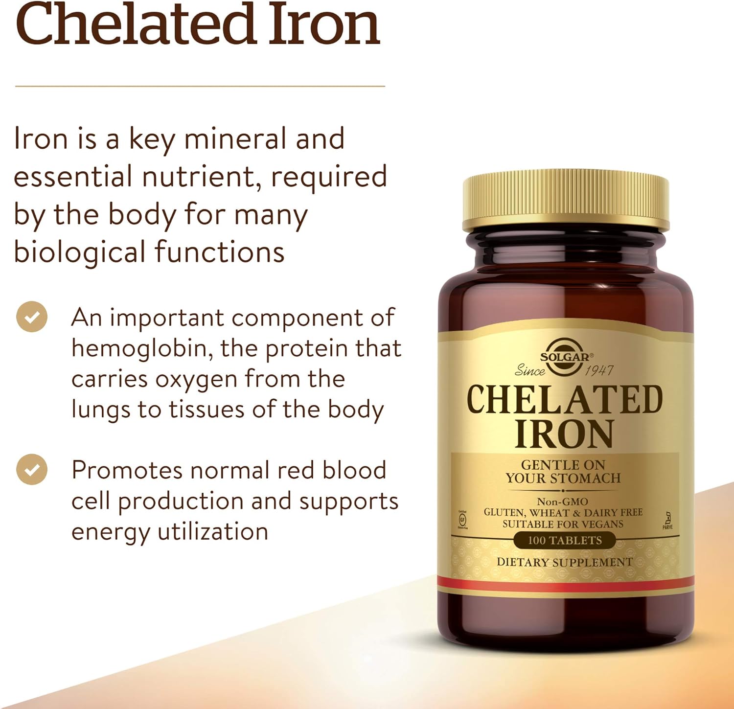 Solgar Chelated Iron, 100 Tablets - Highly Absorbable Iron - Gentle on Your Stomach
