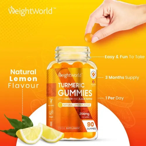 Weightworld Turmeric Gummies with Black Pepper & Ginger - 90 Natural Lemon Flavour Vegan Turmeric Gummies (3 Months Supply)