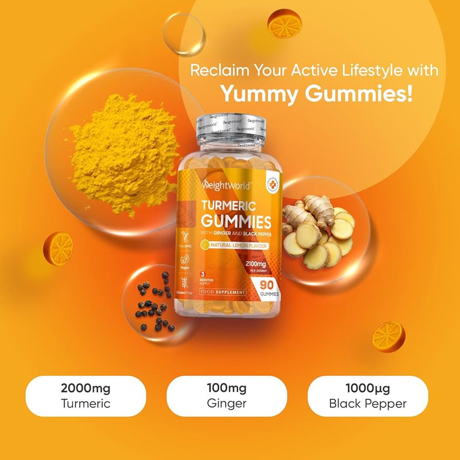 Weightworld Turmeric Gummies with Black Pepper & Ginger - 90 Natural Lemon Flavour Vegan Turmeric Gummies (3 Months Supply)