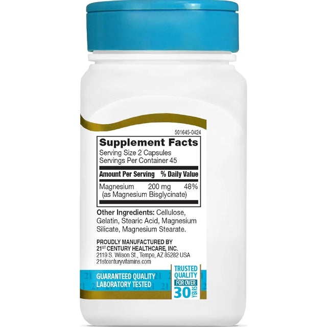21st Century Magnesium Glycinate 200 mg Capsules per Serving, 90 Count