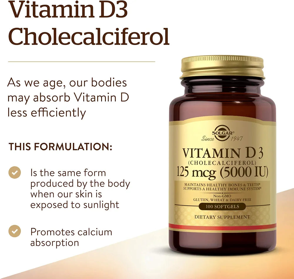 Solgar Vitamin D3 (Cholecalciferol) 125 mcg (5000 IU), 100 Softgels