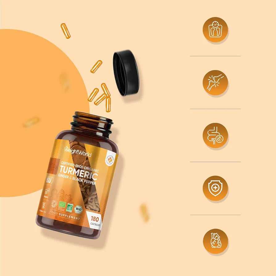 Organic Turmeric Capsules - 180 Capsules - with Organic Ginger & Black Pepper