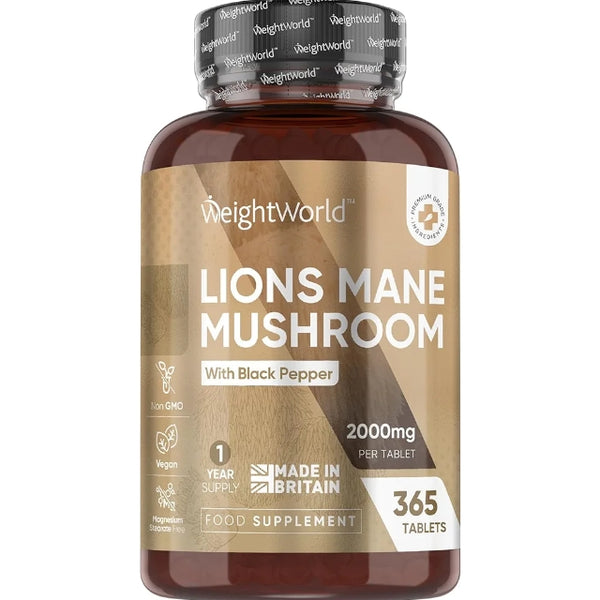 Weightworld Lions Mane Supplement 2000mg with Black Pepper - 365 Vegan Tablets - 1 Year Supply