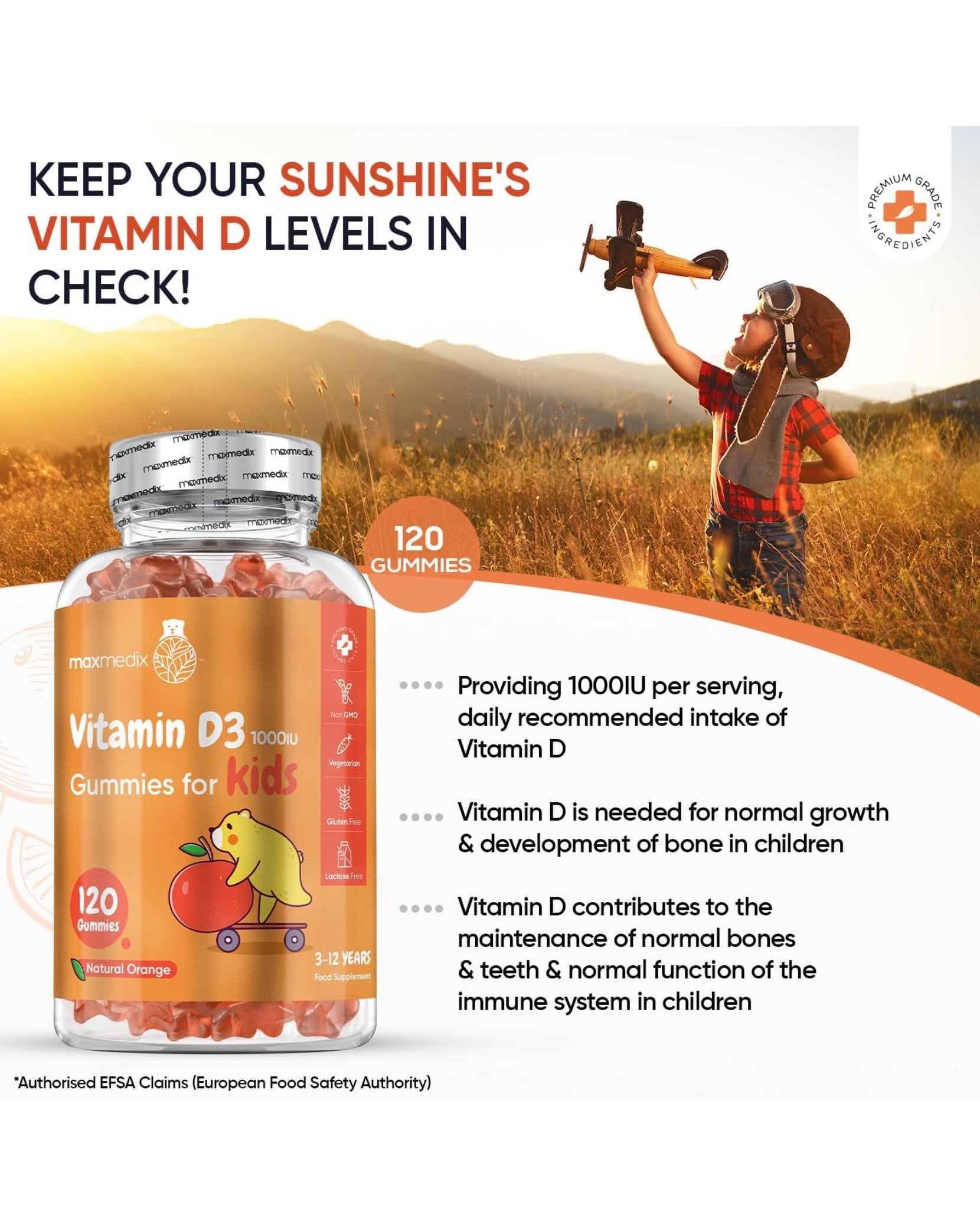 Maxmedix Vitamin D Gummies Kids 1000IU - Natural Orange Flavour Gummies