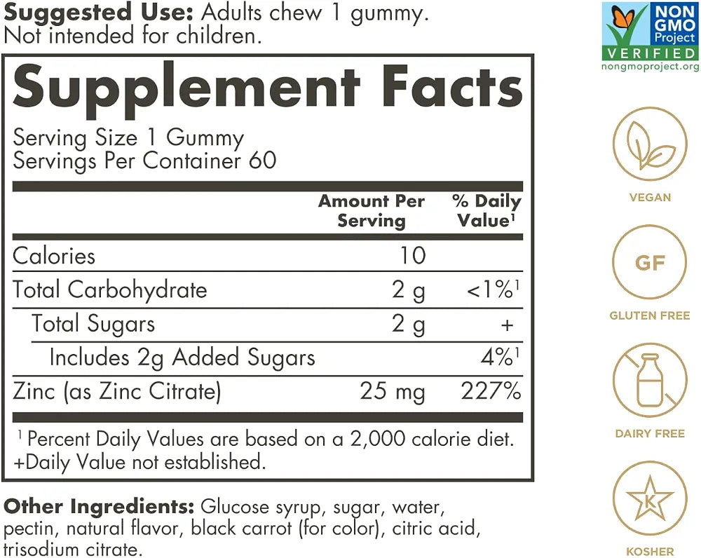 Solgar Zinc Gummies, 25 mg, 60 Vegan Gummies