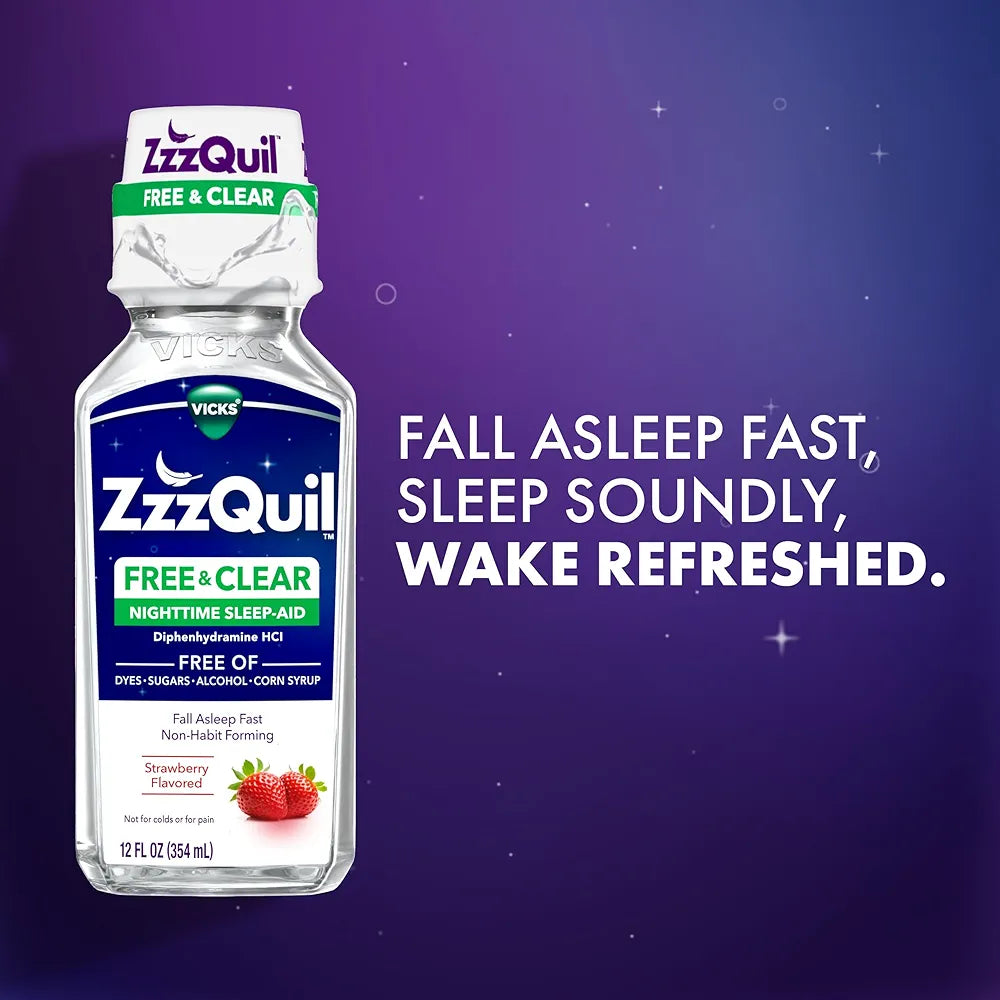 ZzzQuil Liquid Sleep Aid, FREE & CLEAR, Strawberry Flavored, 12 FL OZ