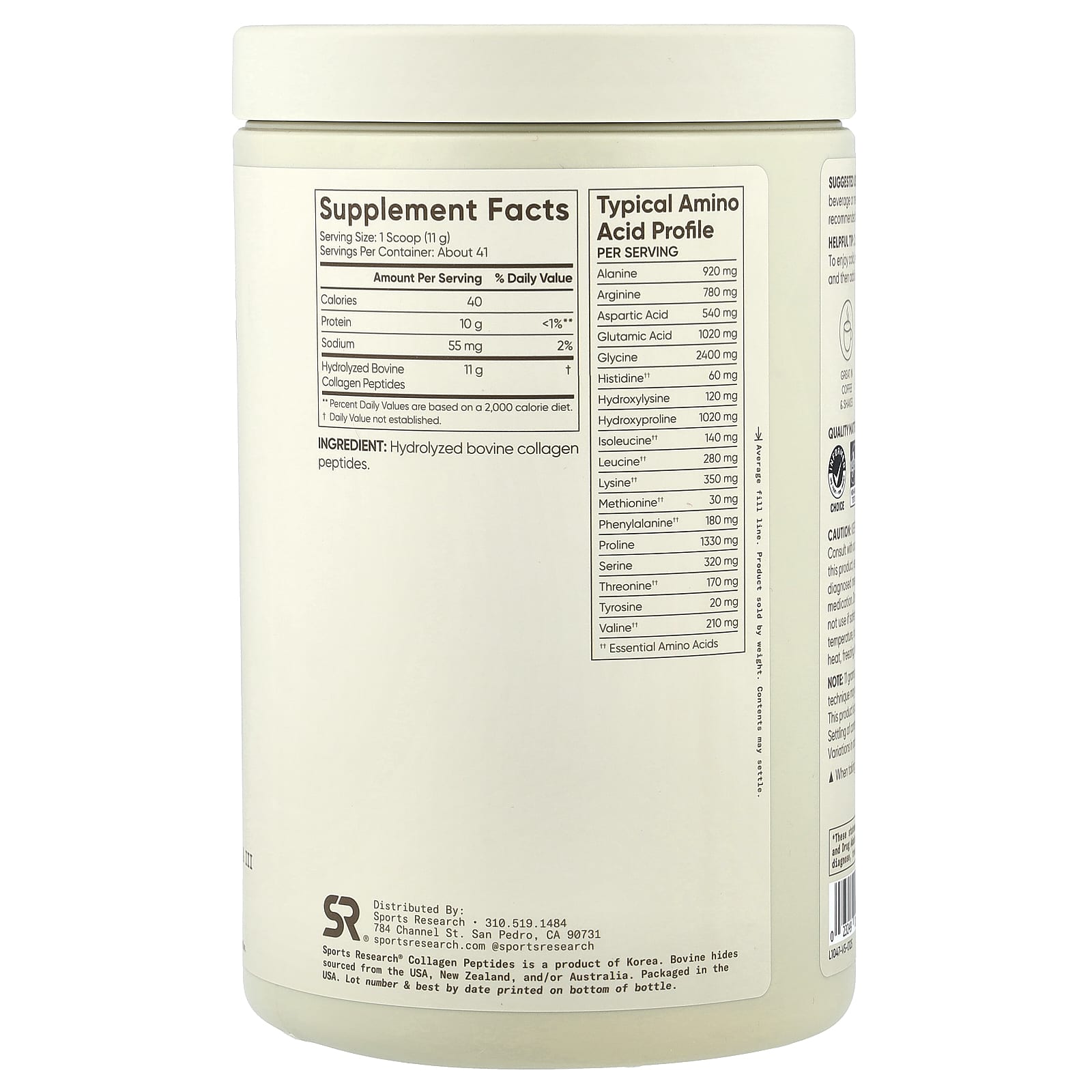 Sports Research Collagen Peptides - Hydrolyzed Type 1 & 3 Collagen Powder.