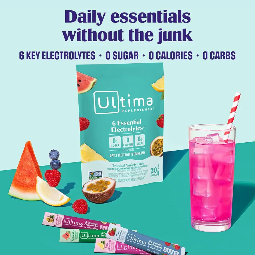 Ultima Replenisher Daily Electrolyte Powder – Tropical Variety Pack, 20 Stickpacks