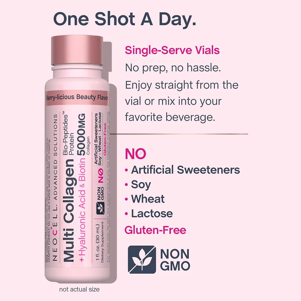 NeoCell Multi Collagen Peptides Liquid | 6 Vials
With Hyaluronic Acid and Biotin