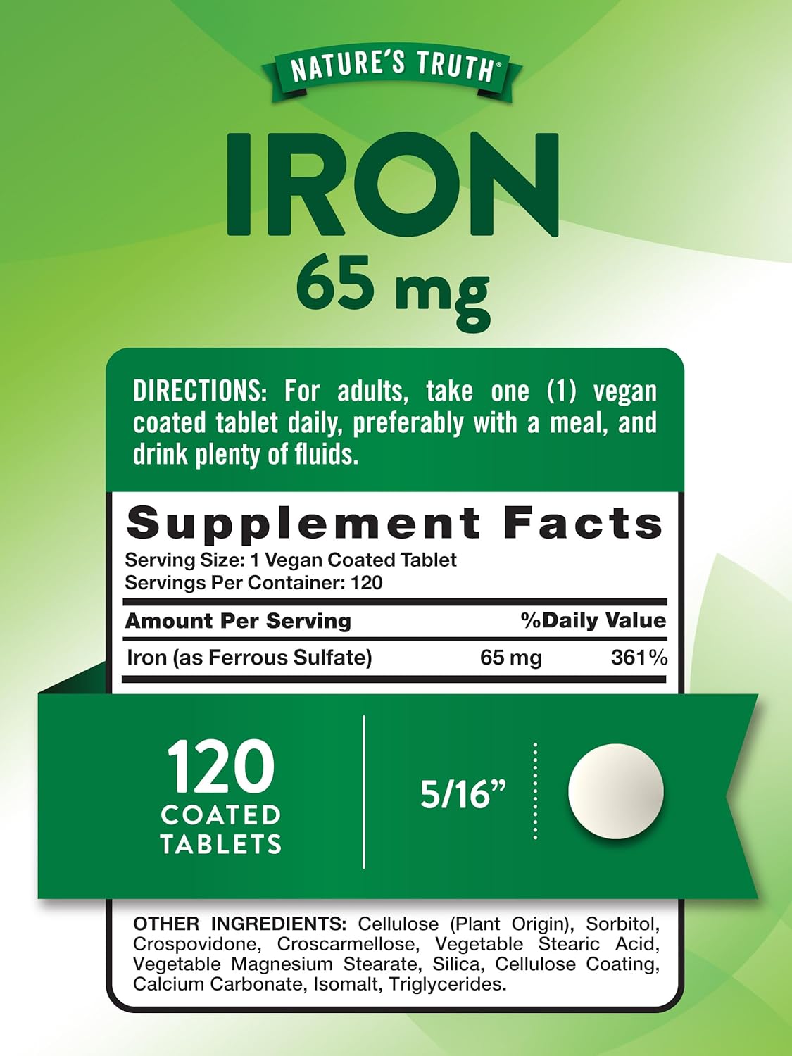 Nature's Truth Iron Supplement | 65mg | 120 Tablets