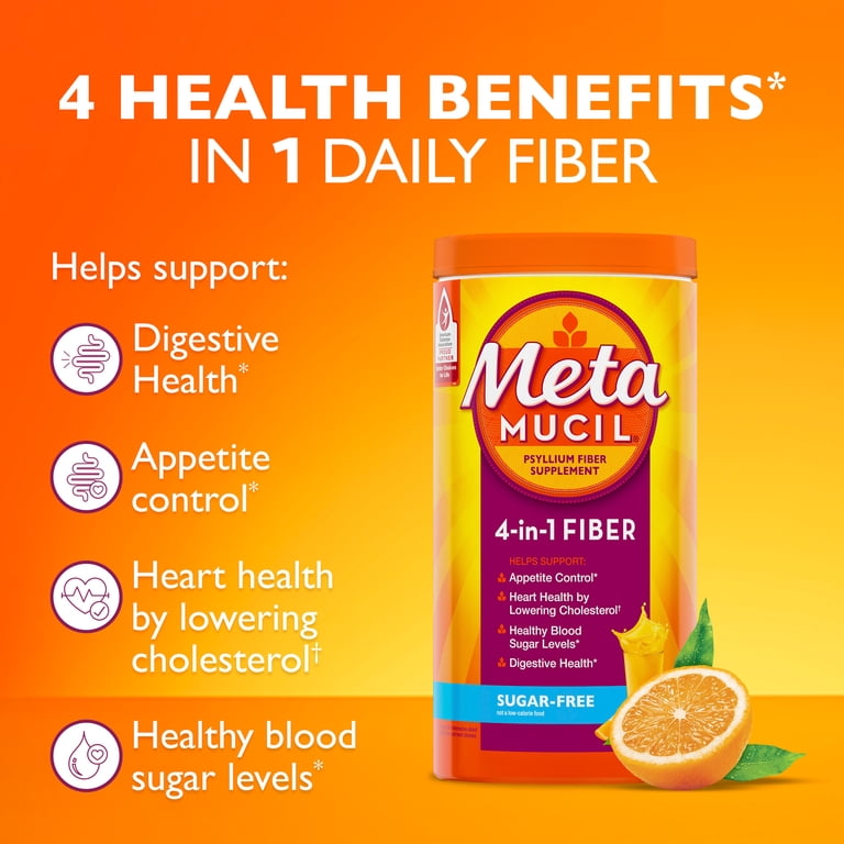 Metamucil 4-in-1 Psyllium Husk GLP-1 Friendly Fiber Supplement, Sugar-Free, 130 teaspoons, Orange Flavored