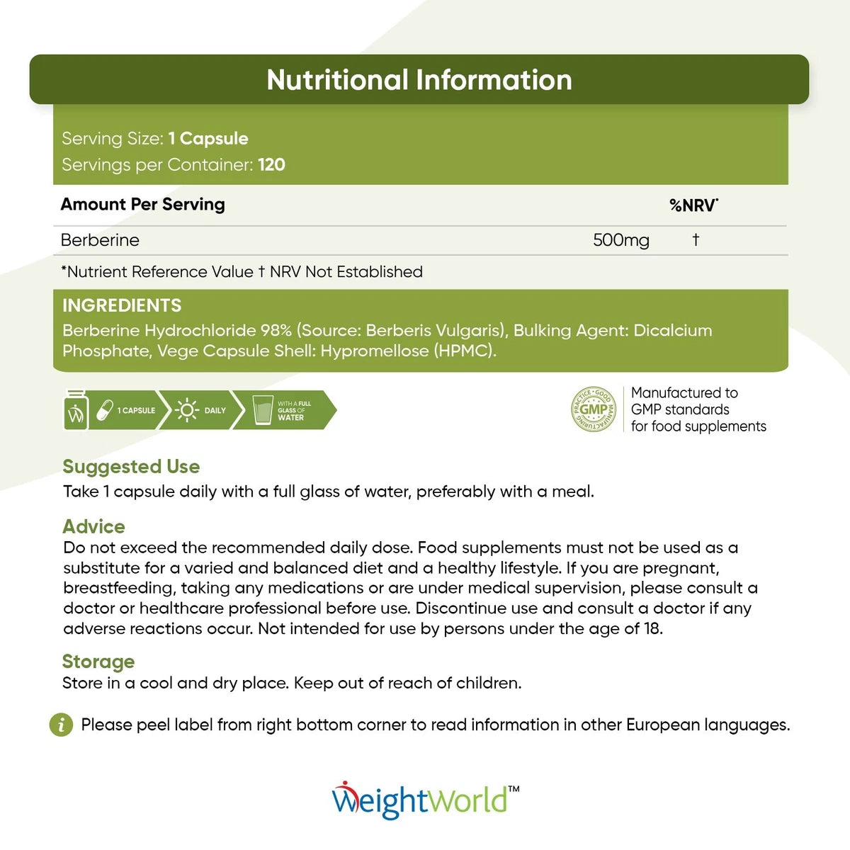 WeightWorld Berberine 500mg High Strength 120 Vegan Capsules