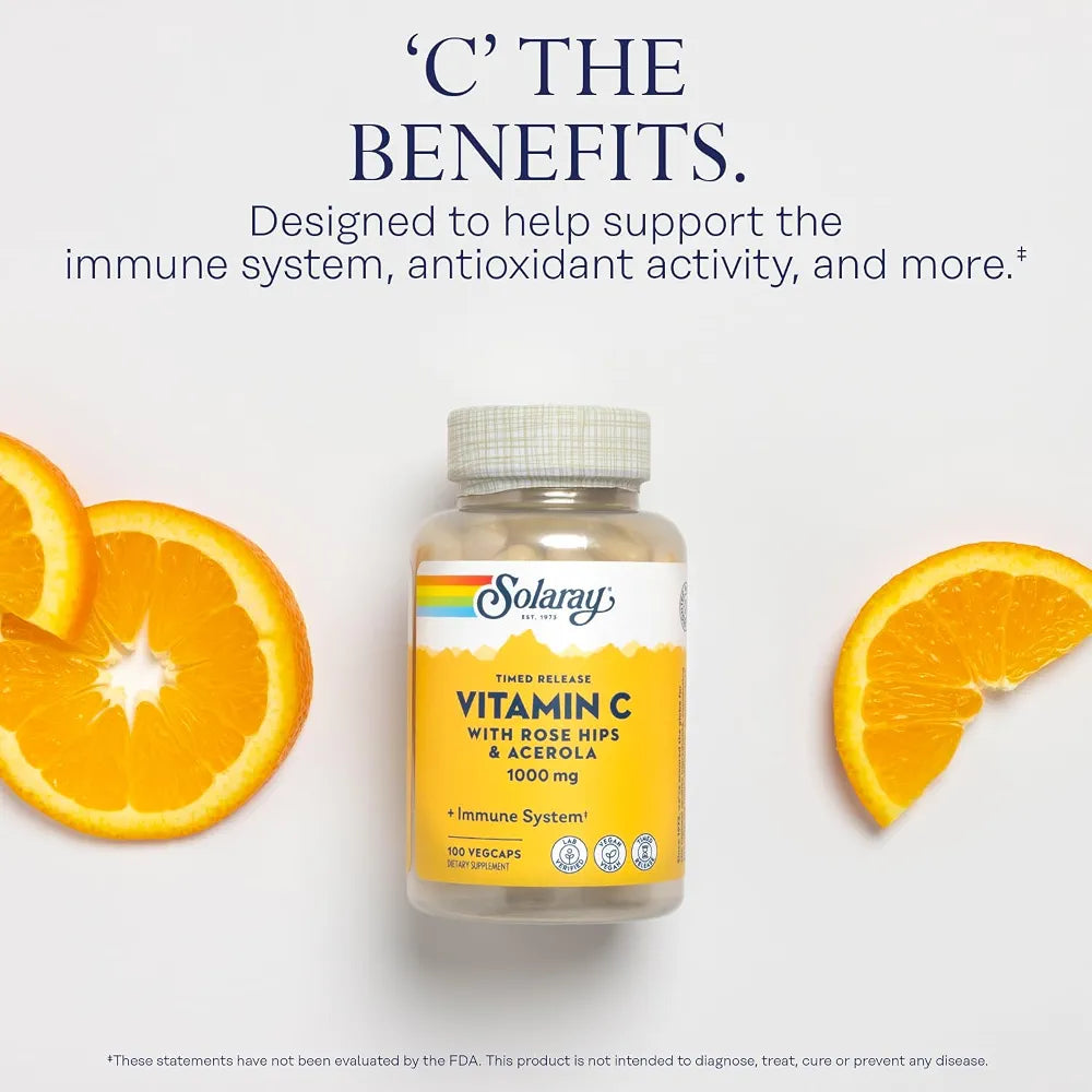 SOLARAY Vitamin C 1000mg - Time Release Vitamin C Capsules w/Rose HIPS and Acerola