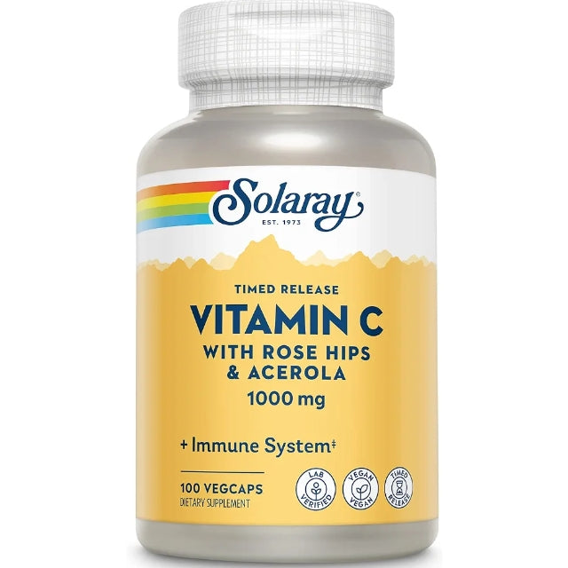 SOLARAY Vitamin C 1000mg - Time Release Vitamin C Capsules w/Rose HIPS and Acerola