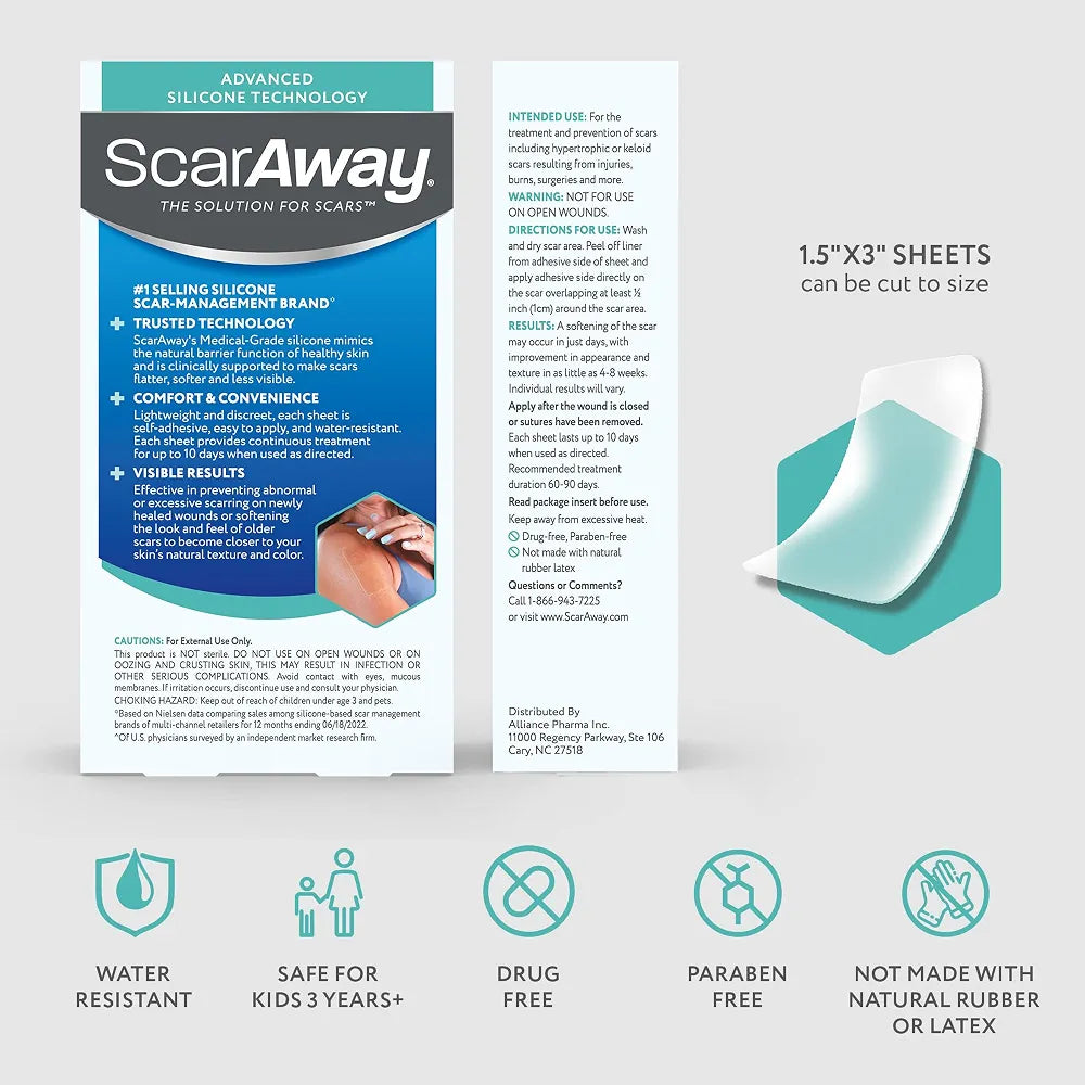 ScarAway Silicone
Clear Scar Sheets 10ct Sheets (1.5 x 3")